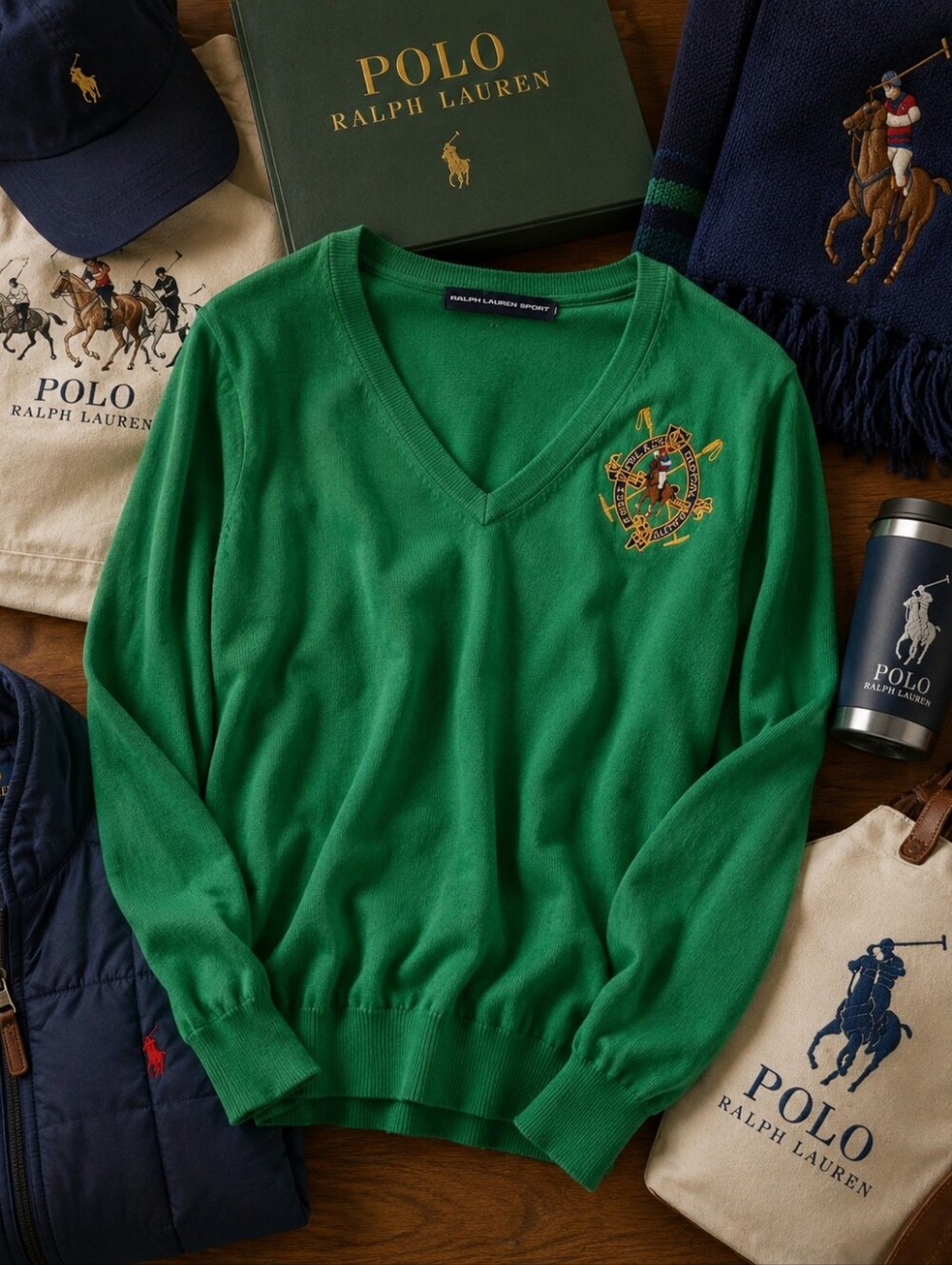 Polo by Ralph Lauren Women's Green V-Neck Crest Knit Sweater LARGE